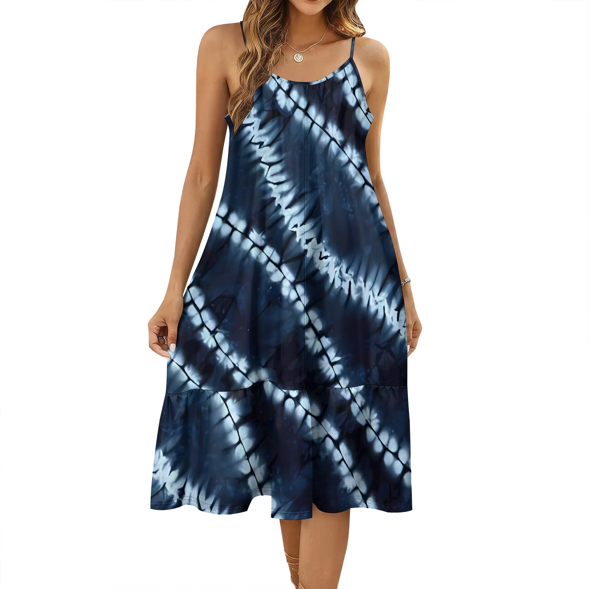 Vestido Nupusa Tie Dye Print para mulheres verão casual alça espaguete vestido midi em camadas