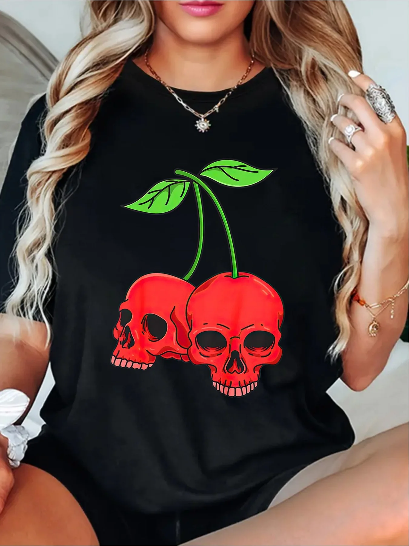 

plus Size Cherry Skull print solid color T-shirt, round neck short sleeve casual top for summer and spring, women Shoulder style