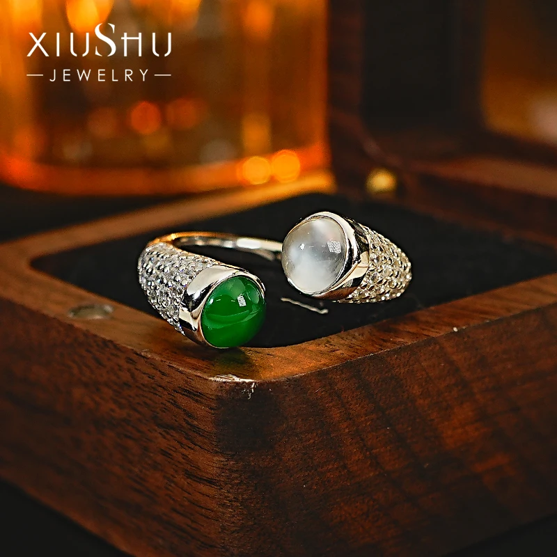 

New Chinese Style China-Chic Open Mouth Jade Chalcedony Foam Jade 925 Silver Ring Inlaid with High Carbon Diamond Temperament