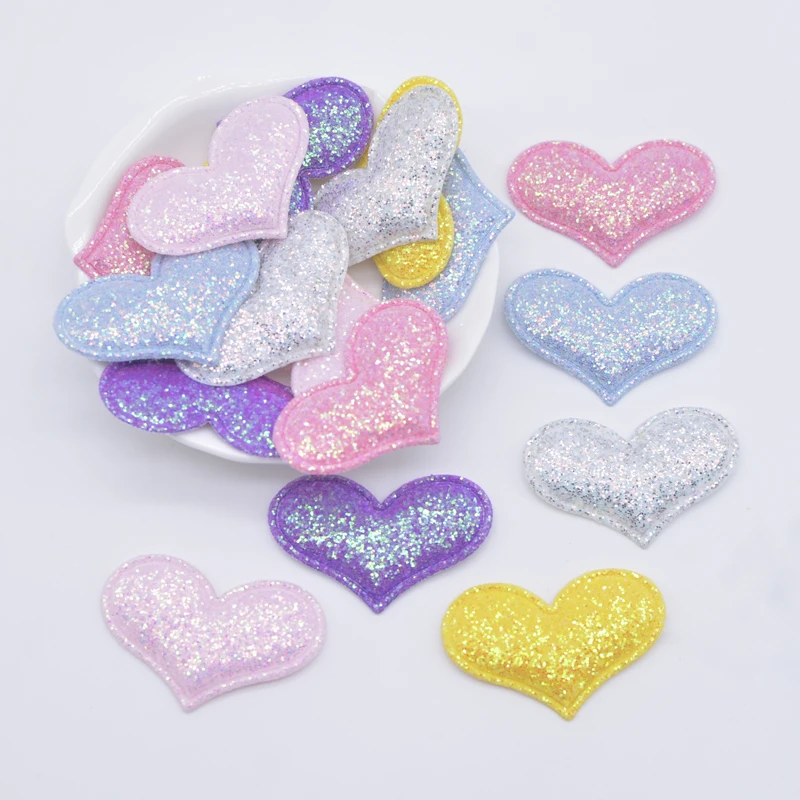 50Pcs 40*26mm Glitter Fabric Padded Heart Applique for DIY Hats Clothes Accessoies Patches Headwear Hair Clips Headbands Decor