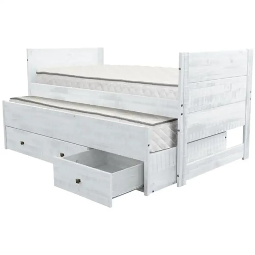 Rustic White Twin Bed with Trundle 3 Drawers Pine Material No Box Spring Needed Transitional Style 200lb Max Weight