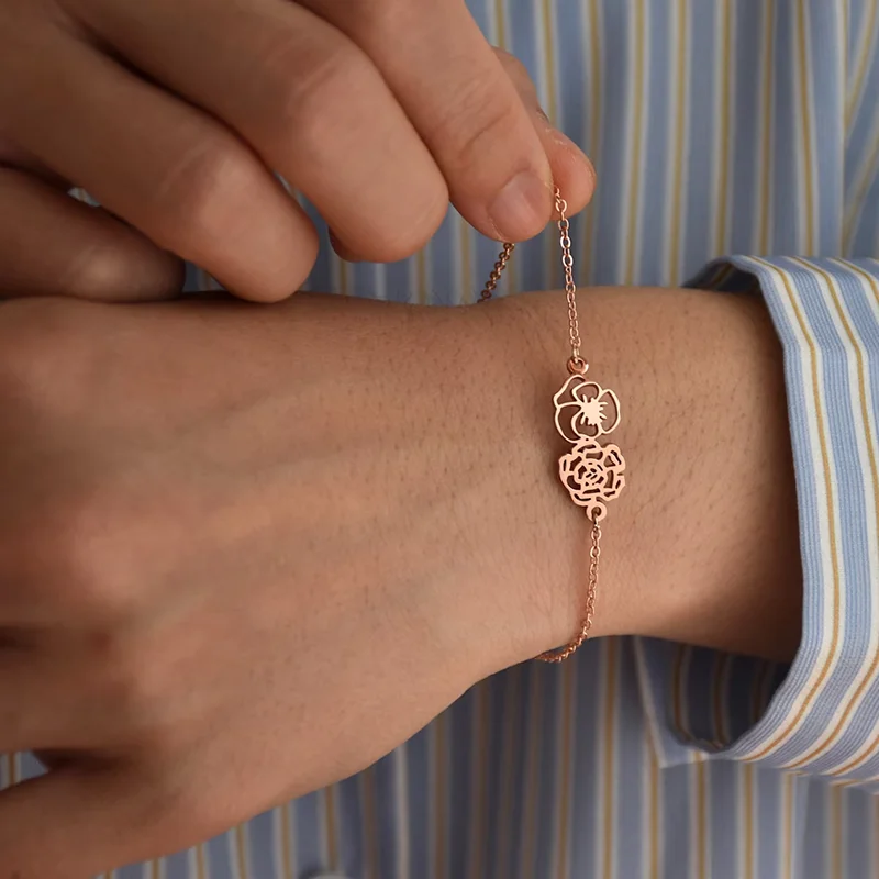 

Индивидуальный изысканный браслет с цветком рождения из нержавеющей стали, персонализированный модный семейный подарок-букет с цветами рождения, ювелирное украшение