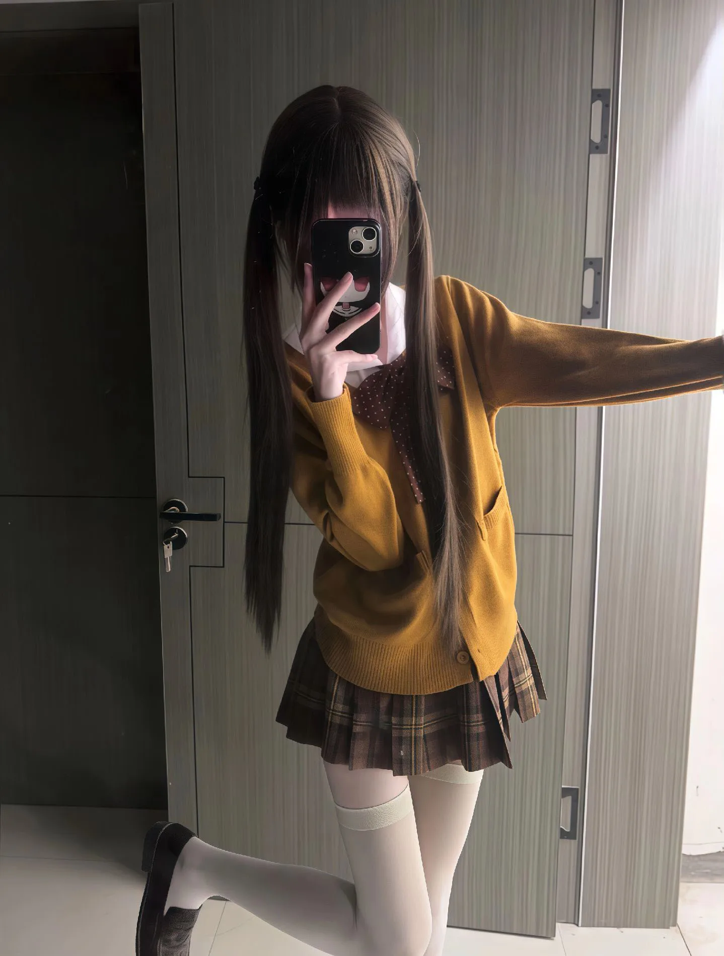 

Caramel Knitted Open Cardigan Loose Women's Outerwear JK orm Set with Plaid Skirt And Knot Design for Casual Wear