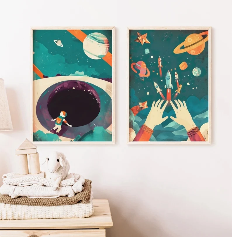 Colorful Space Adventure Cartoon Poster Astronaut and Rocket Illustration Canvas Painting Prints Nursery Wall Art Kid Room Decor