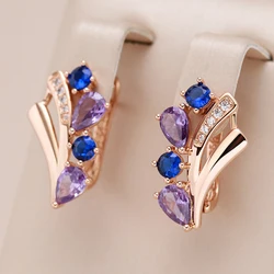 Kinel Hot Shiny Purple Blue Natural Zircon Drop Earrings for Women Trend 585 Rose Gold Color Fine Daily Jewelry Crystal Gift