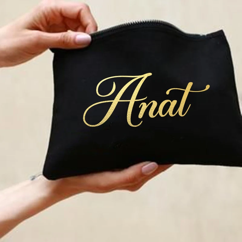 Personalized Makeup Bag Custom Name Canvas Cosmetic Case Wedding Bachelorette Party Gifts Bridesmaid Gold Letter Print Holiday