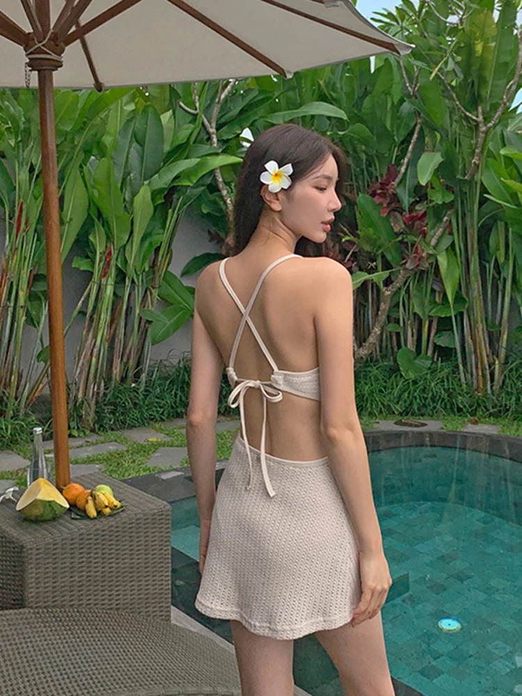 ชุดว่ายน้ำวันพีซถักนิตติ้งเซ็กซี่สำหรับผู้หญิง ชุดว่ายน้ำสำหรับแช่น้ำพุร้อน ช่วยกระชับสัดส่วน ปกปิดสัดส่วน
