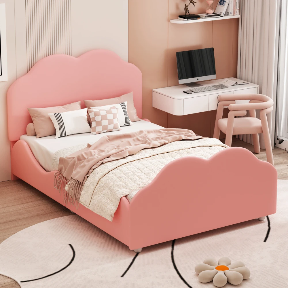 90x200 Cm Upholstered Children's Bed High Railing Frame with Cloud-shaped Headboard and Footboard Single Bed