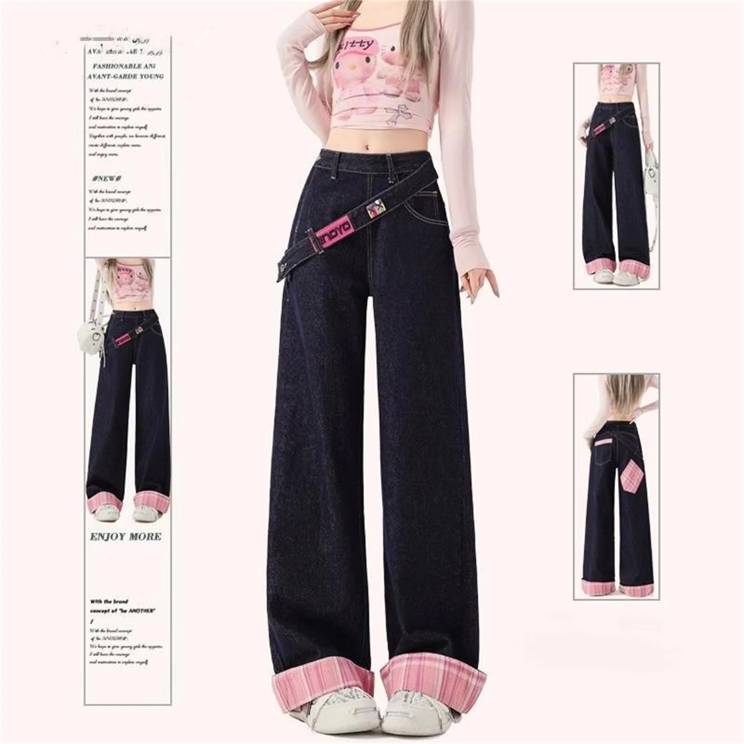 Y2K Women's Dark Denim Wide Leg Jeans New Fashion Plaid Cuffed Asymmetrical Strap Loose Casual Streetwear Trousers