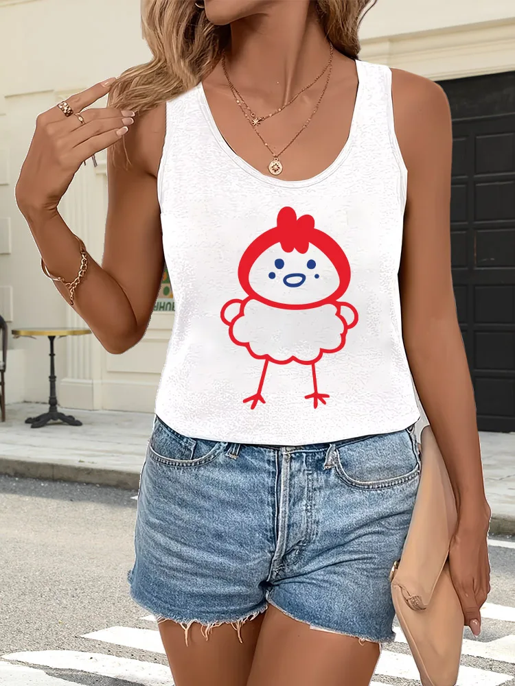 Red Chick Printed Tank Top Sleeveless Casual Summer Crew Neck Vest Breathable Top Loose Fit Daily Wear Women's Clothing