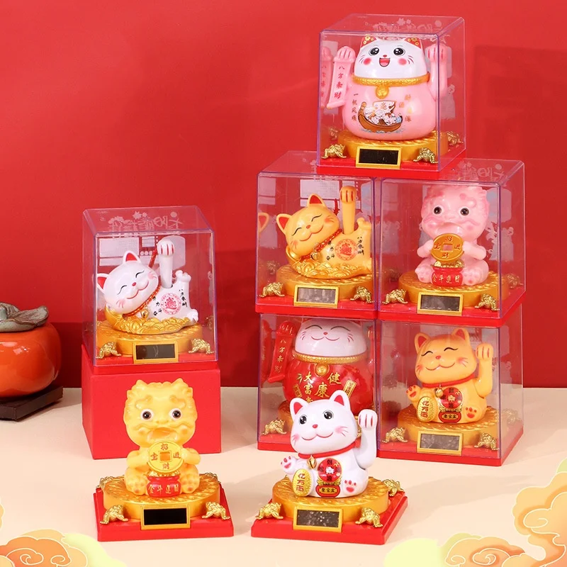 

Solar Powered Lucky Cat Wealth Welcoming Cat Ornament Bobblehead Cats Waving Arm Car Decorations Figurines Good Luck