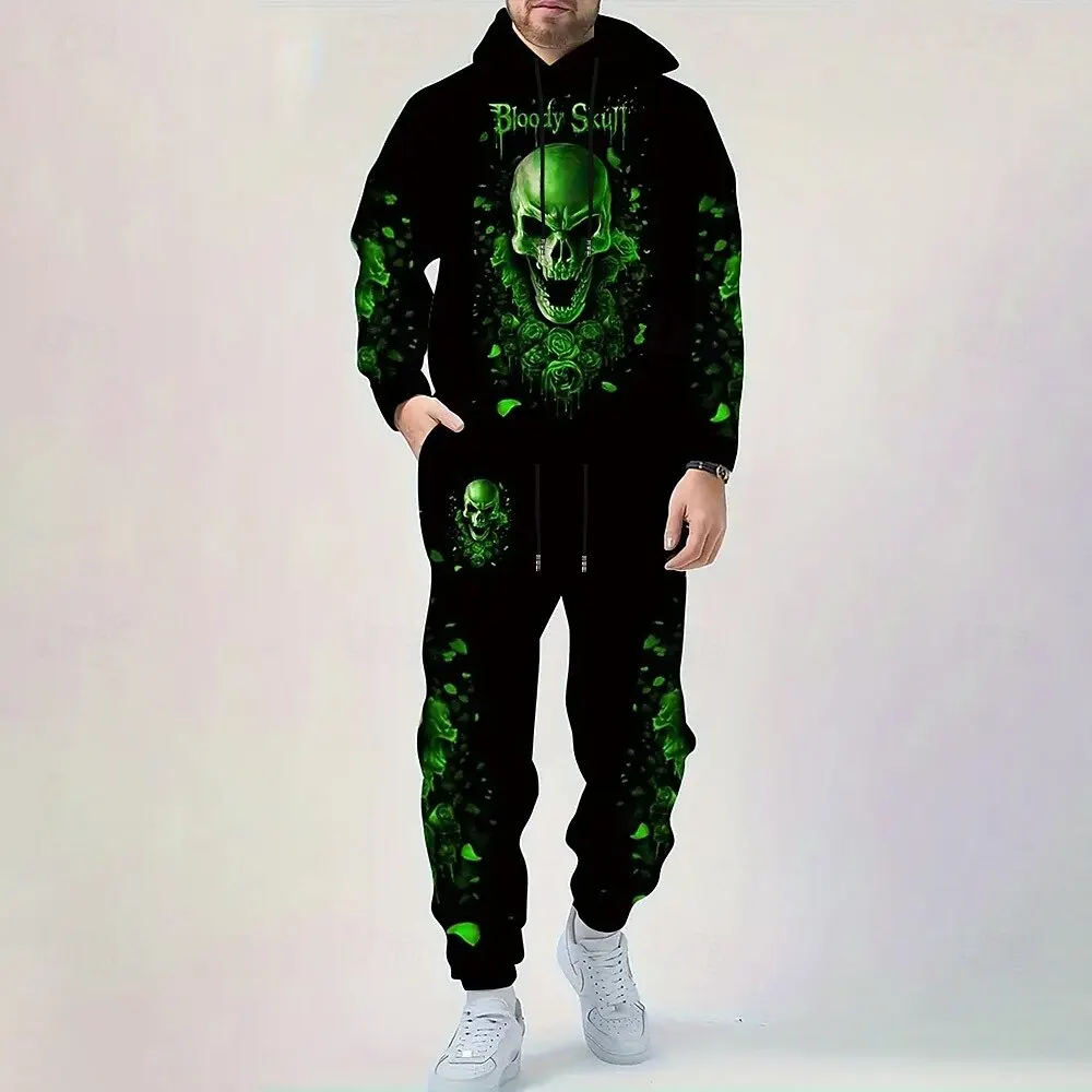 Conjuntos de sudaderas con capucha con estampado de calavera 3D para hombre, sudadera y pantalones de otoño e invierno, traje de 2 piezas, chándales informales de alta calidad a la moda