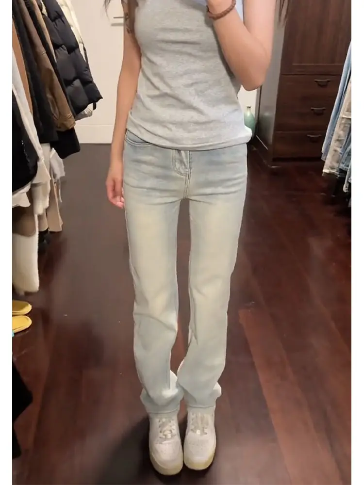 Jean Woman Denim Jeans Straight Blue Casual Retro 2000S American Distressed Hole Ripped Female Clothing Unisex Basic Simple Long