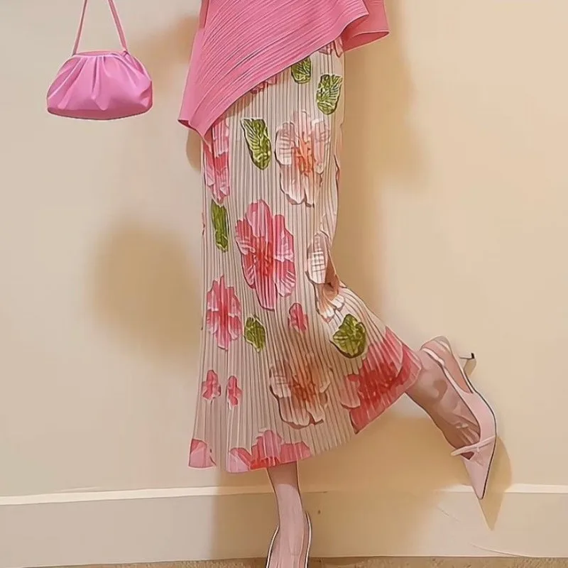 Women's Suits Summer Tops Design Pink Round Neck Sleeveless Irregular Pleated T-shirt Printed Elastic Waist Loose Long Skirts