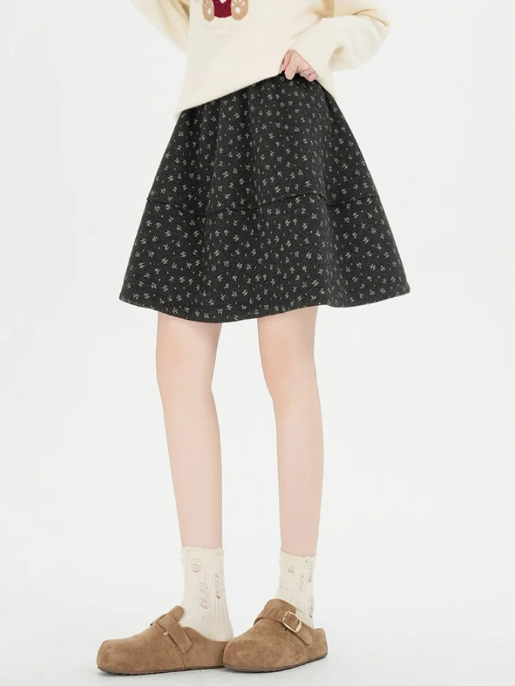 SMTHMA الأزهار الصوفية تنورة قصيرة للنساء جديد الخريف الشتاء عالية الخصر التخسيس ألف خط تنورة مزاجه تنورة أنيقة #5