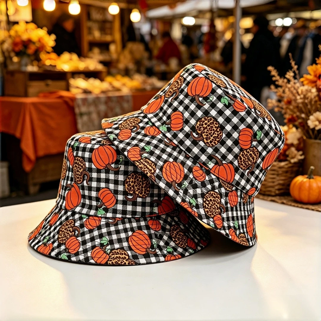 Halloween Pumpkin Leopard Plaid Bucket Hat Fall Autumn Fisherman Cap Casual Outdoor Party Travel Foldable Sun Hat For Women Men