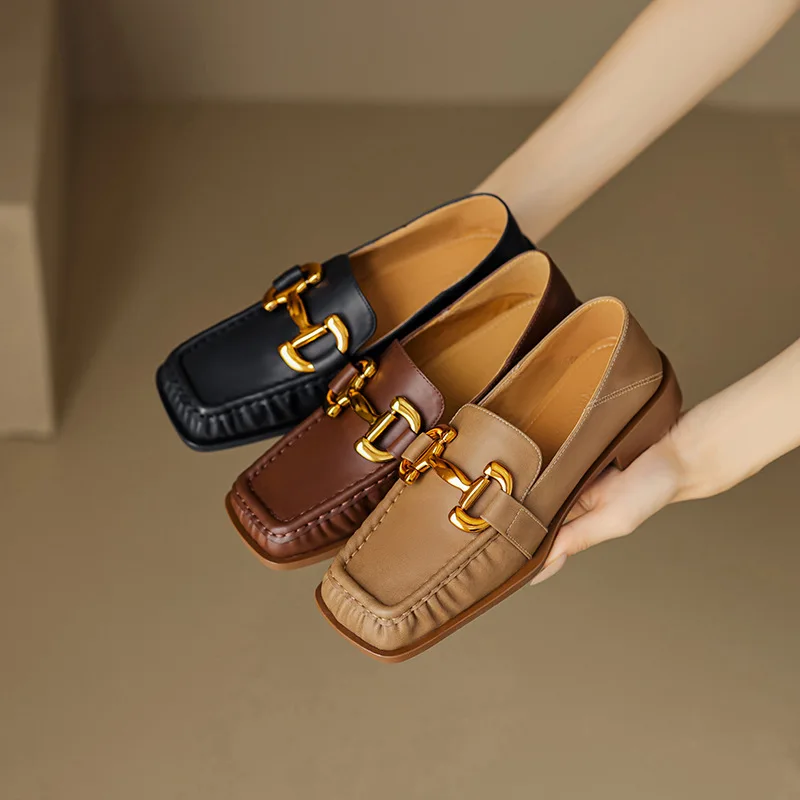 

2023 New Single Shoe Women's Flat Bottom Small Leather Shoes Brown Lefu Shoes Step Push Women's Pea Shoes Commuter Leather Shoes