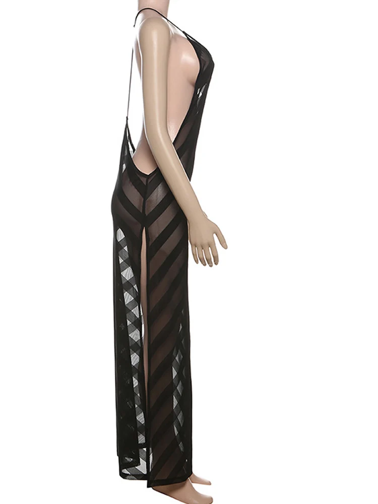 فستان ماكسي نسائي مثير من Beyprern مخطط شفاف وحزام سباغيتي أسود بدون ظهر شفاف من خلال فستان الحفلات المسائية والنوادي