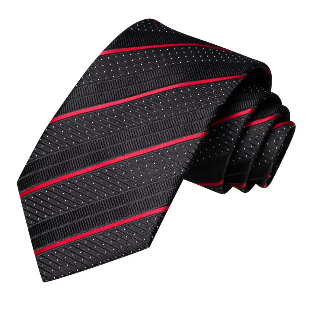 Hi-Tie Striped Black Red Mens Fashion Necktie Handkerchief Cufflinks for Tuxedo Accessory Classic Silk Luxury Tie for Man Gift