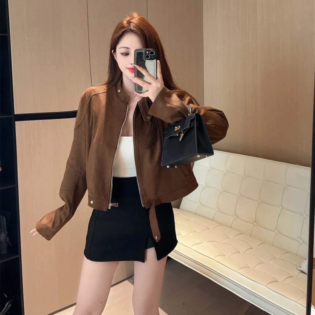 เสื้อโค้ทผู้หญิงสไตล์มิดเซ็นจูรี่ รุ่นไฮเอนด์ ทำจากหนังกลับบอสตัน สีเขียวมรกต แบบบาง ใส่ได้ในฤดูหนาว