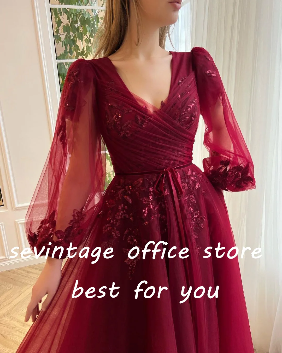 Sevintage Burgundy Lace Appliques Tulle Prom Dresses Puff Sleeves Pleat Ruched A-Line Saudi Arabic Women Party Evening Gowns