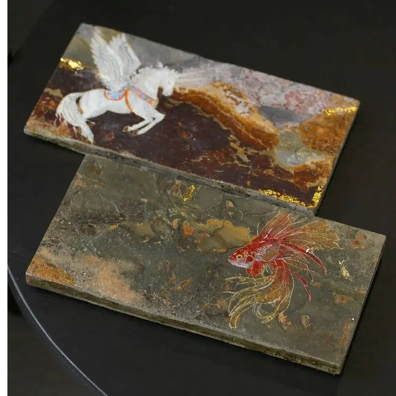 Hand painted Koi merchandise Natural rock tray, pot bearing tea tray New Chinese style, Zen dry brewing table Tea tray Tea table