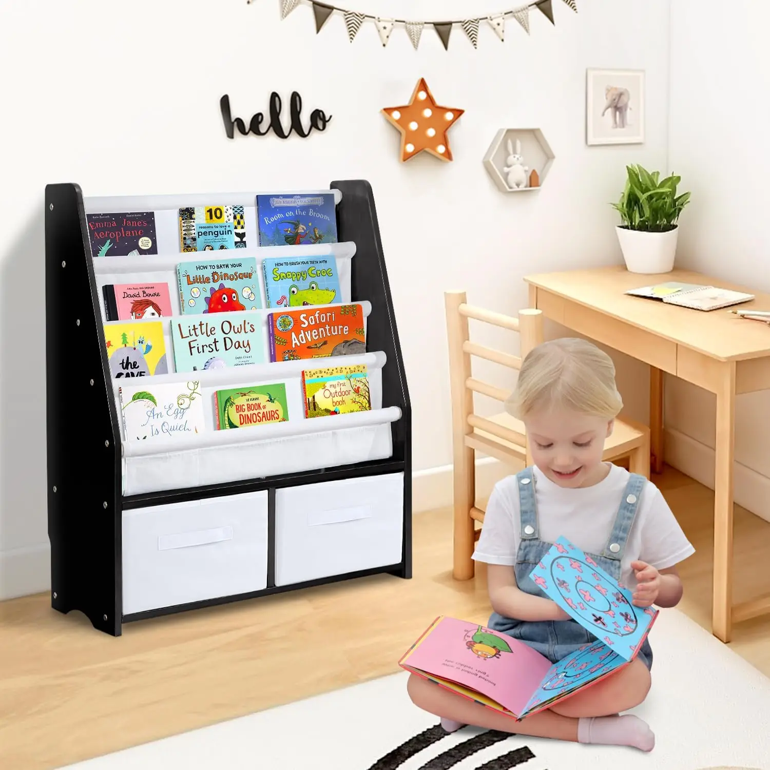 Childrens Bookshelf Kids Sling Book Rack with Two Storage Boxes and Toys Organizer Shelves Natural Solid Wood Baby Bookcase (Bla