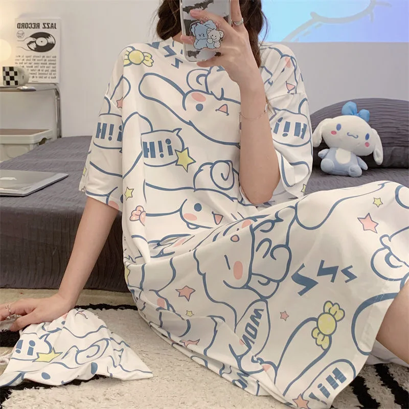 New Summer Sanrio Big Eared Dog Cartoon Series Pattern Girl Short Sleeve Dress Kulomie Snoopy KID/Adult Cute Loose Casual Dress