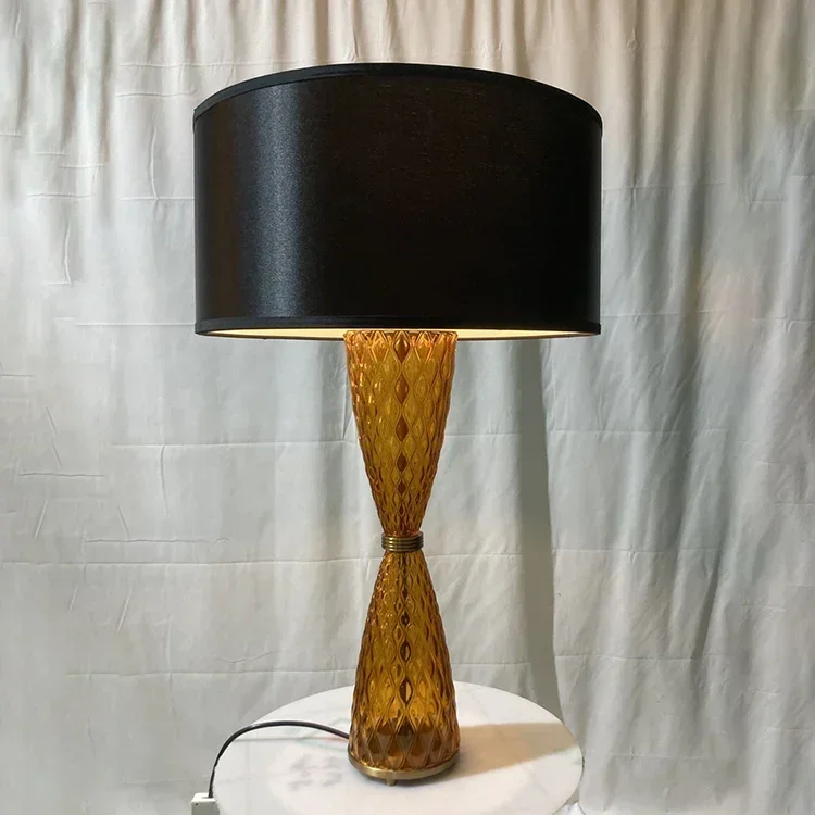 

NDY/OEM Customized Modern Bedside Table Black Blue Fabric Amber Glass Base Hotel Indoor Led Table Lamp