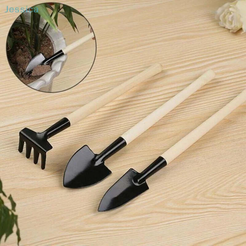 ♥ 3-teiliges Mini-Gartenwerkzeug-Set – kleines Schaufel- und Rechen-Set für Zimmerpflanzen, tragbare Gartengeräte mit Holzgriff