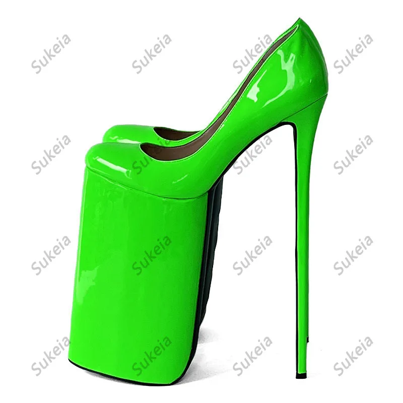 Sukeia Real Photos Women Platform Pumps Patent Leather Round Toe Yellow Green Party Shoes Ladies US Plus Size 5-20