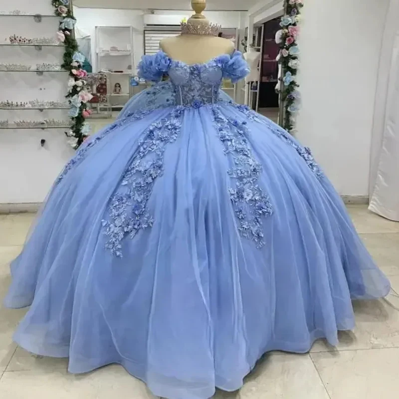 

Голубое платье принцессы с открытыми плечами Quinceanera, аппликация, цветочные бусины, тюлевое бальное платье для вечеринки, дня рождения, платья de 15 anos