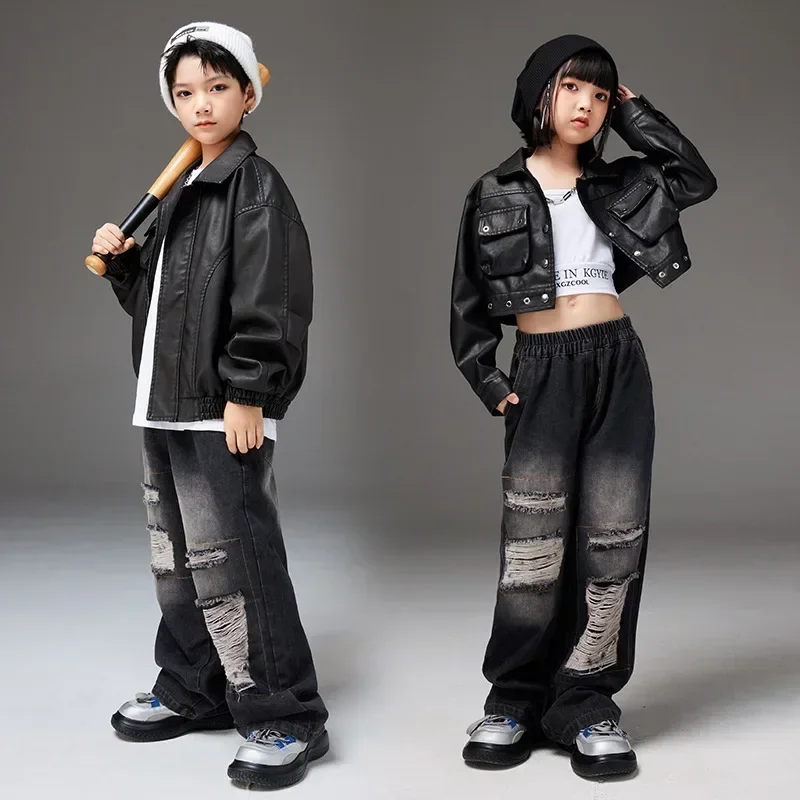 Children Boys Girls Streetwear Loose Leather Motorcycle Jacket Wide Leg Denim Jeans Pants Sets Kids Suits Spring Autumn Coat