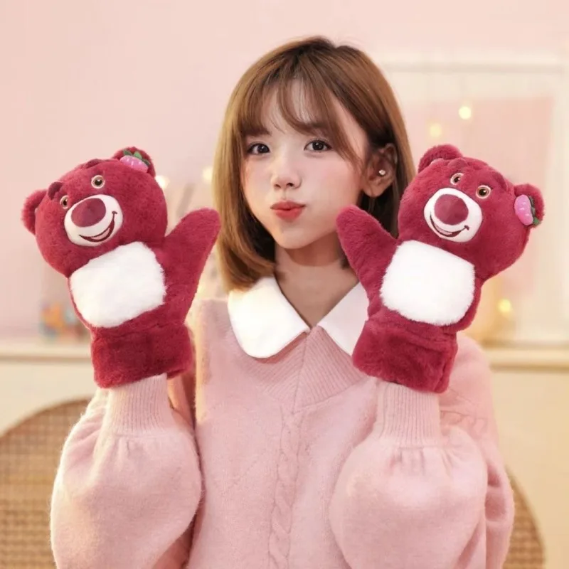 Sweet Disney Series Toy Story Lotso Cute Creative Cartoon Shape Women's Warm and Fashionable All-Wrap Mittens for Going Out
