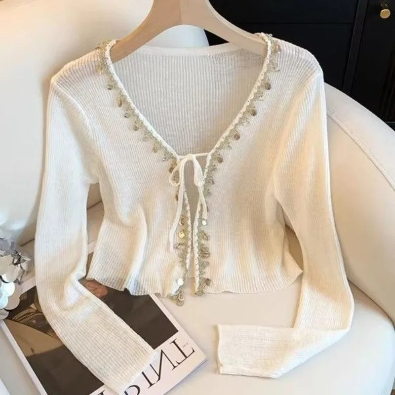 

Женская тонкая вязаная кофта с V-образным вырезом для защиты от солнца, летняя, 2026, для кондиционированных помещений