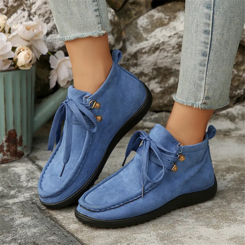 

British Style Blue Suede Loafers Woman Comfortable Soft Casual Shoes for Women High Top Shoes Lightweight Flat Women's Moccasins