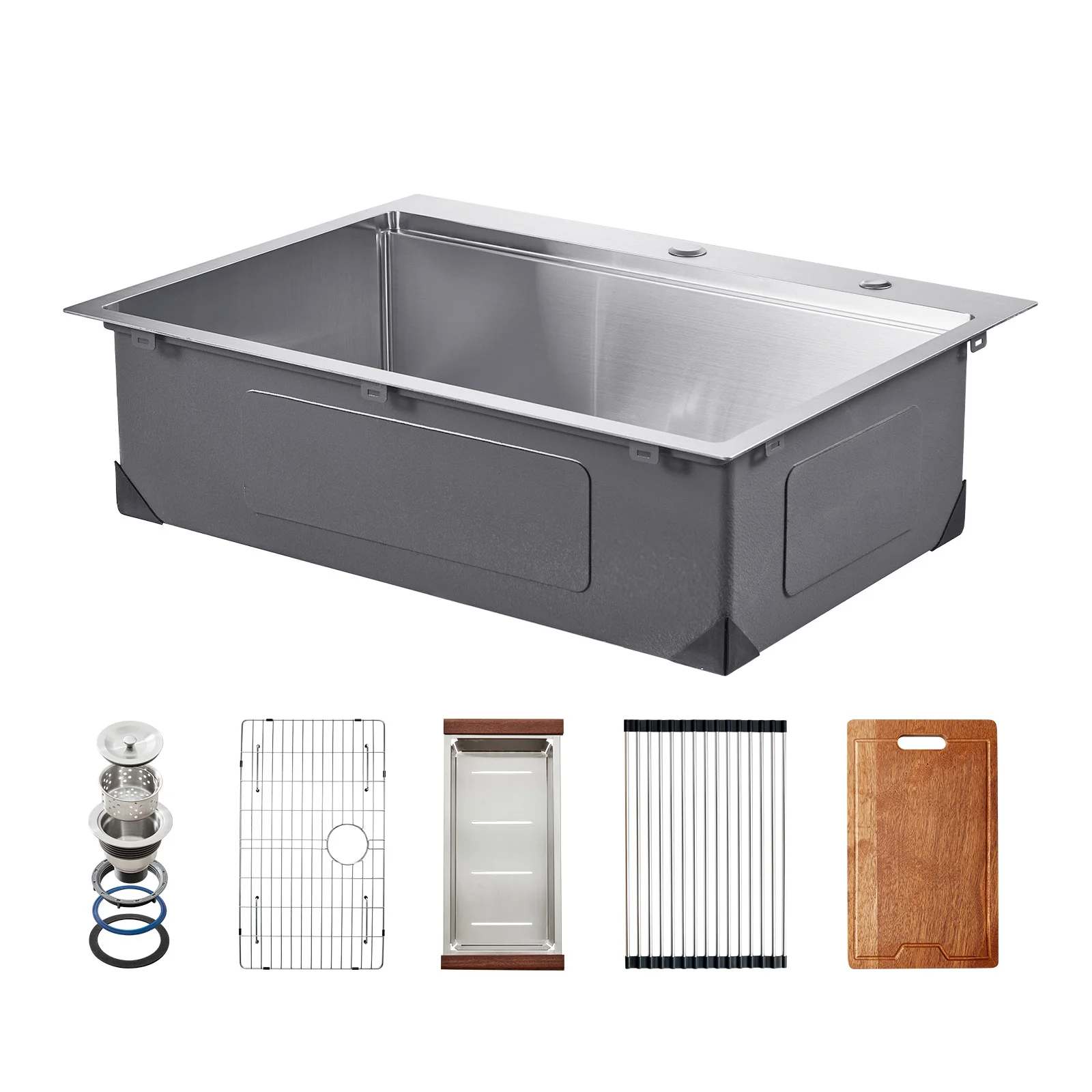 SucceBuy Kitchen Sink Workstation Stainless Steel Top Mount Sink DropIn Single Bowl Farmhouse Basin w/Ledge&Multiple Accessories