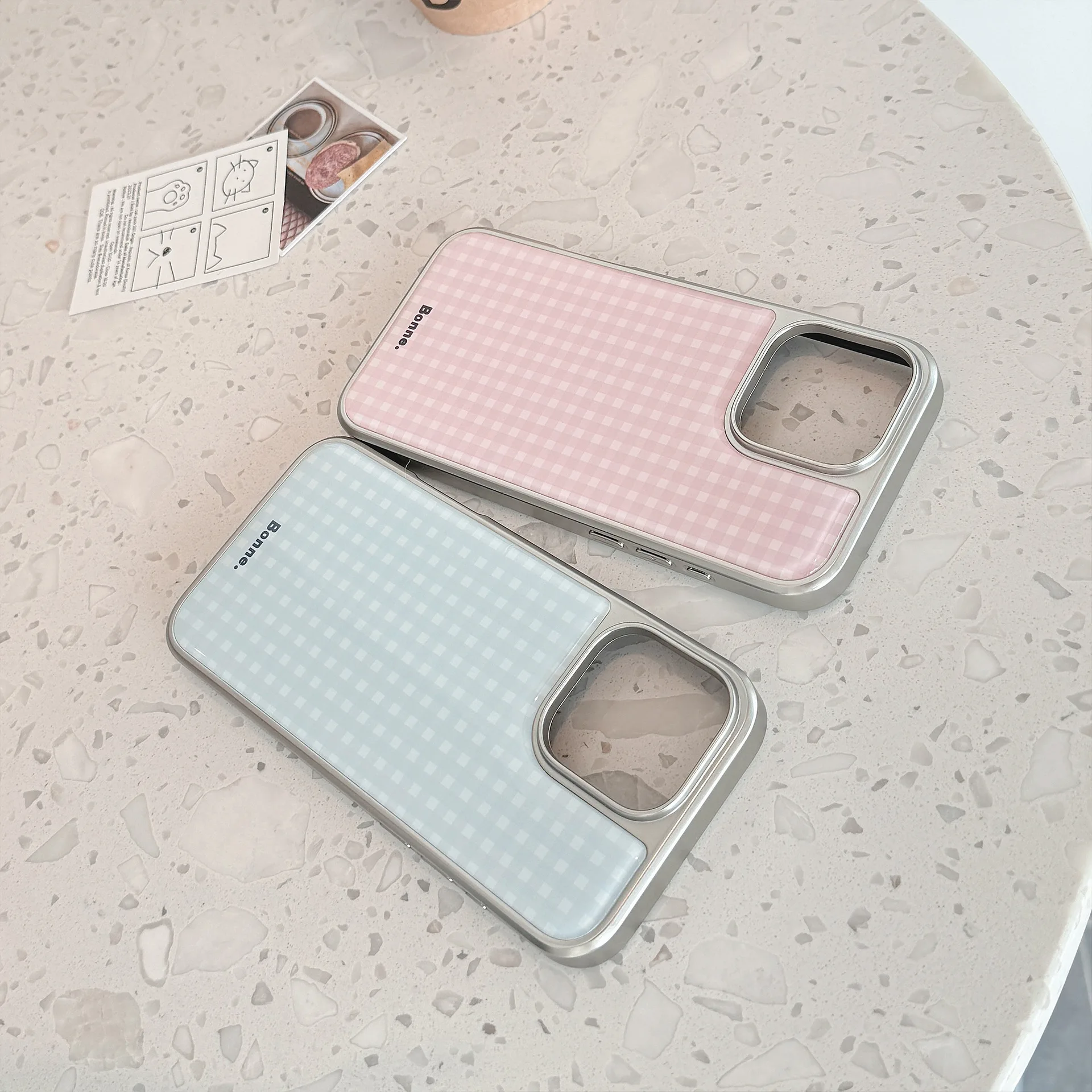 Korean Pink Blue Plaid Drop Glue Silver Edge Plating Phone Case for iPhone 17 Air 16 15 14 13 12 Pro Max Shockproof Hard Cover - view 5