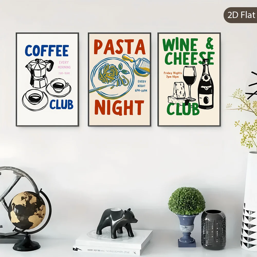 （NoFranme 3PCS）-2D Flat, 3pcs Unframed Coffee Time Canvas Painting, Pasta Delight Wall Art, Wine Nights Prints Poster, Cheese