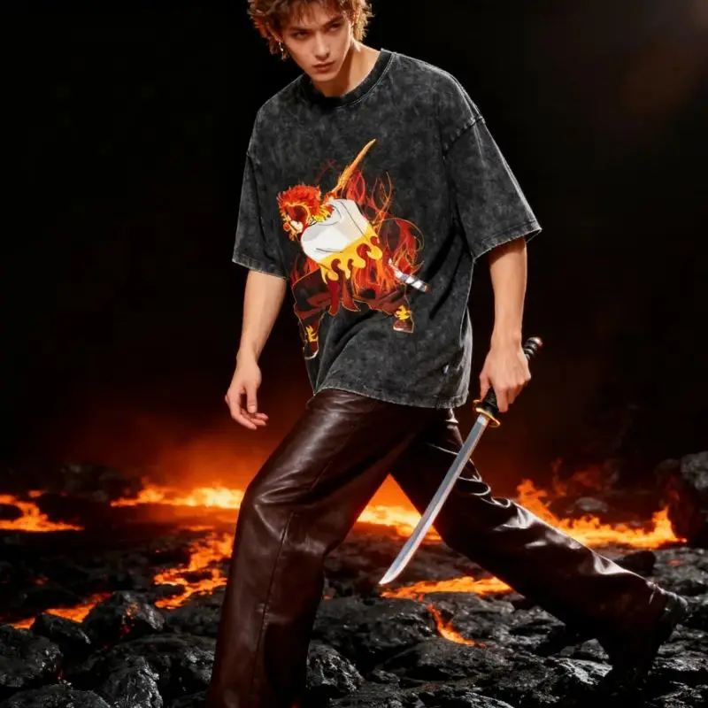

Anime Flame Graphic Tee For Rengoku Kyoujurou Men's Washed Tshirt Male Vibrant Cartoon Casual Comfortable Streetwear T-shirt