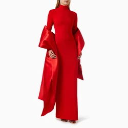 Red Wedding Guest Dresses for Women 2024 High Collar Sheath/Column Formal Party Gowns Maxi Long Sleeves Evening Dress with Shaw