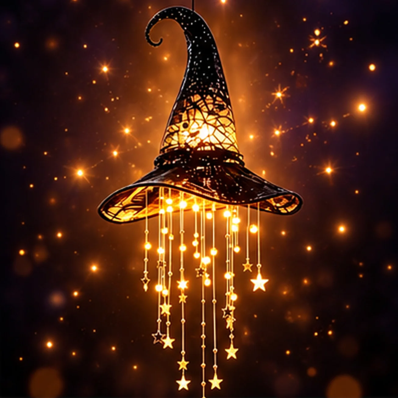 2Pcs Lighted Witch Hat Hanging Wind Chime with Glowing Star Tassel LED Halloween Ornament Decor Warm LED Light Hanging Witch Hat