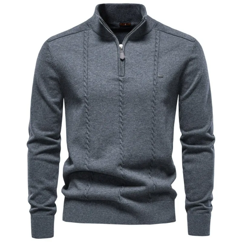 New Cross-border Stand-up Collar Pure Cotton Men Sweater Casual Half-zipper Solid Color Pullover High-quality Foreign Trade Men