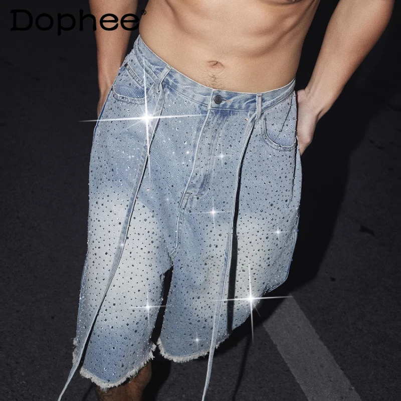 

Fashion Retro Diamond-encrusted Jeans Men's 2025 Summer New High Street Loose Fashion Versatile Diamond Chic Cropped Denim Pants
