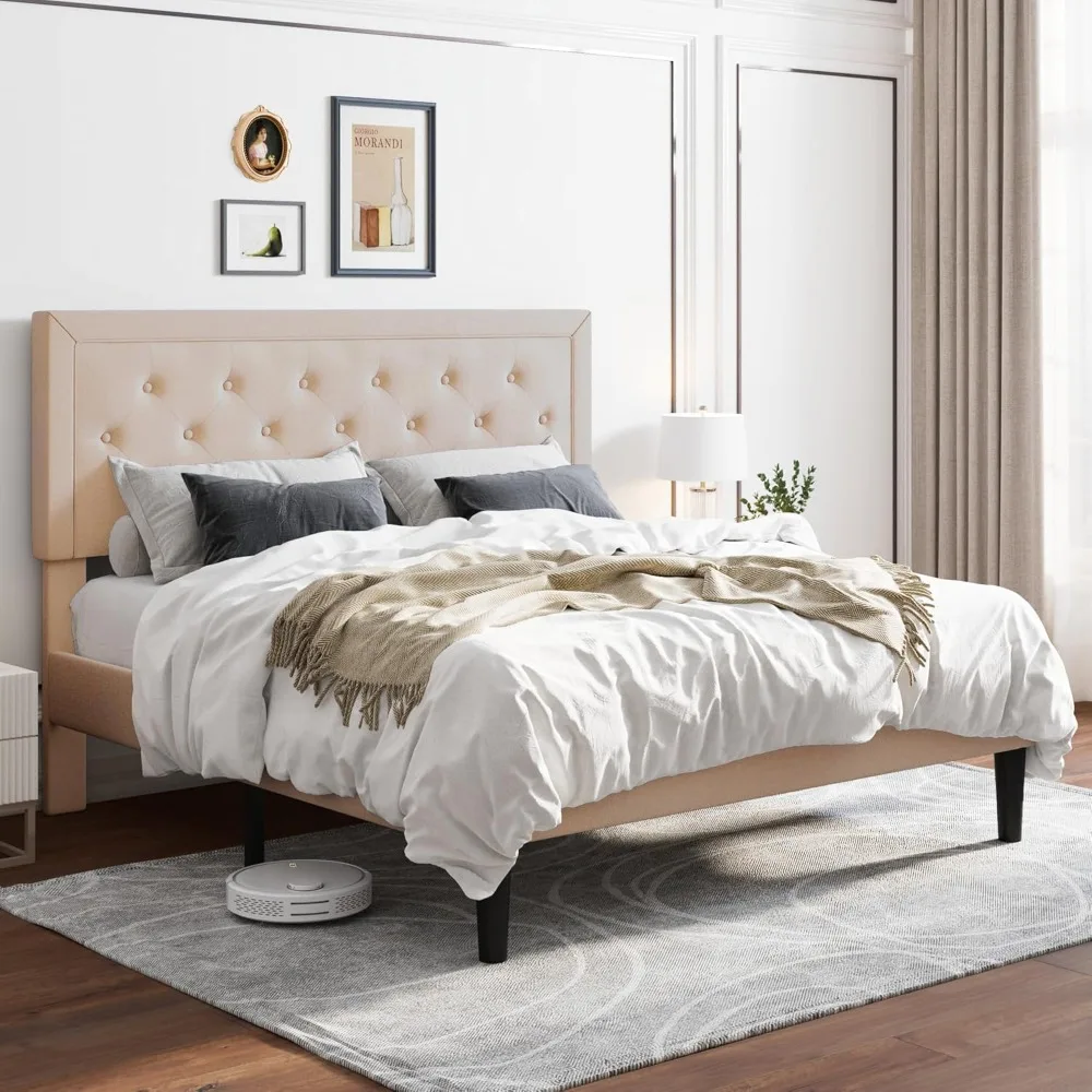 

Upholstered Bed Frame with Adjustable Diamond Tufted Headboard, Sturdy Wood Slat Support, Noise-Free