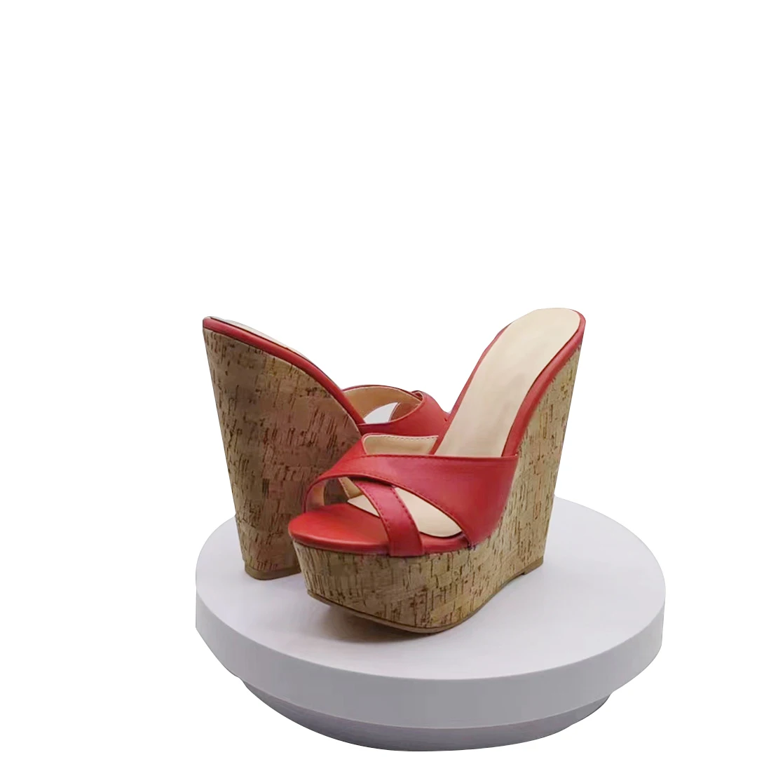 

DIZHUANG Модные женские высокие тапочки. Высота каблука около 15 см. Босоножки на танкетке. Красные тапочки Тапочки на толстой подошве, размер: 34-46