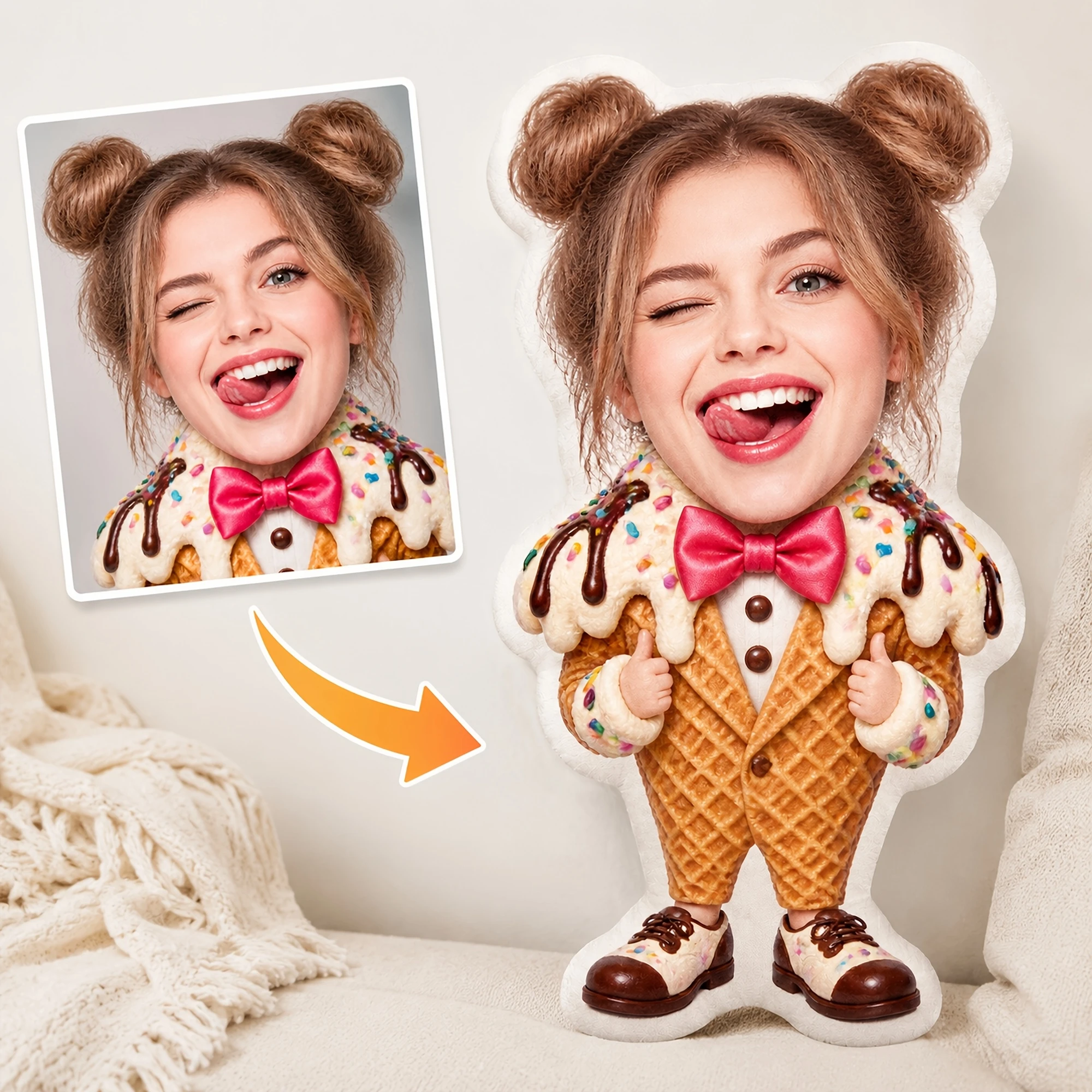 1pc Custom Double Sided Printed Ice Cream Cone Shaped Novelty Pillow, Fun Decorative Cushion for Sofas, Beds, Chairs, and Cozy H