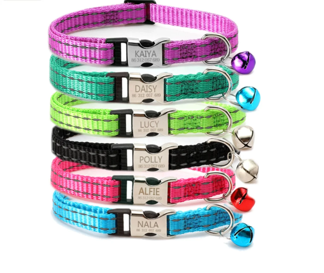 Cat collar with bell, engravable content, night reflective nylon cat leash anti lost pet cat collar