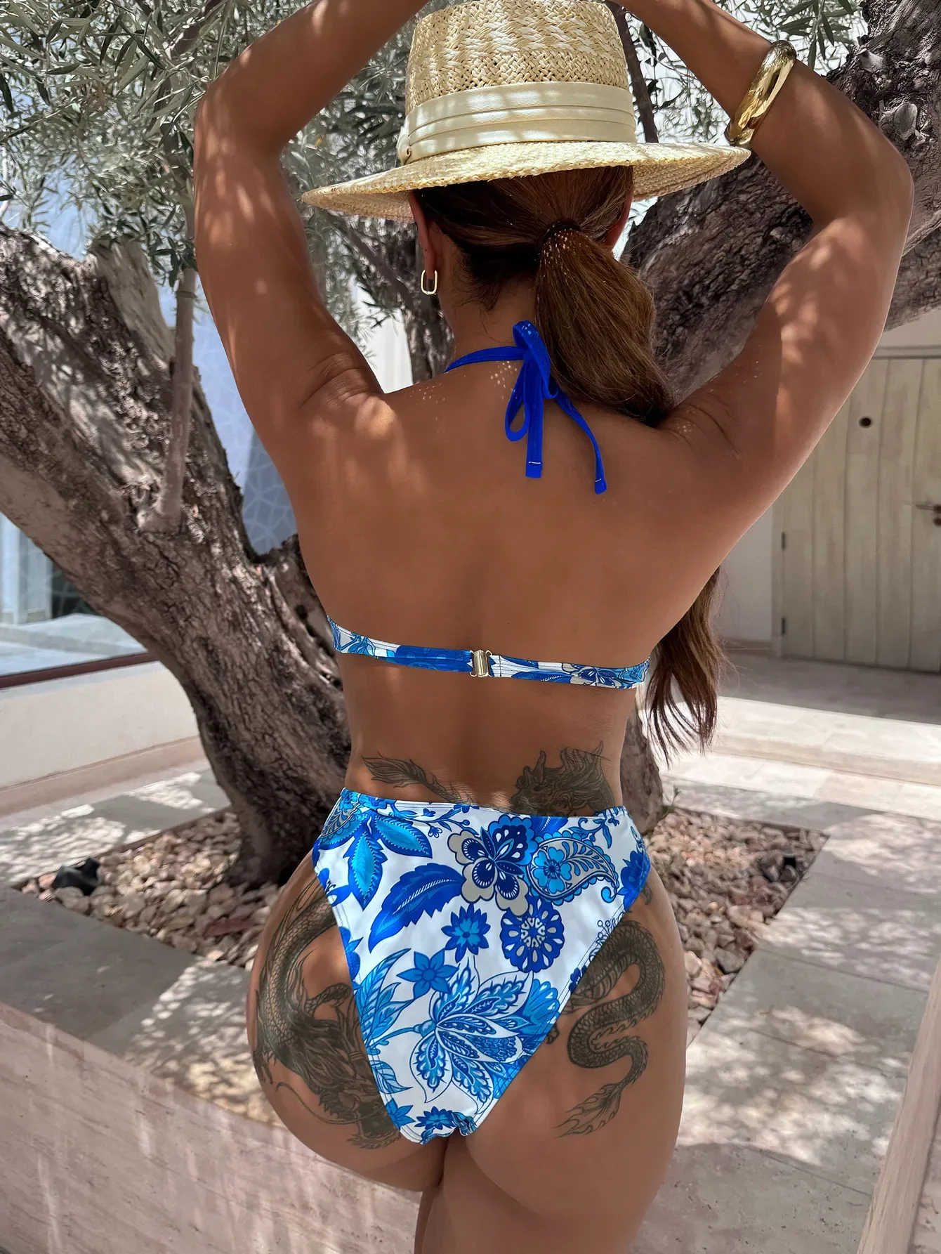 Blue Women's Bikini Set Sexy Bra Push Up V-neck Suspender 2-piece Swimsuit 2024 Summer High Waist Print Beach Backless Swimwear