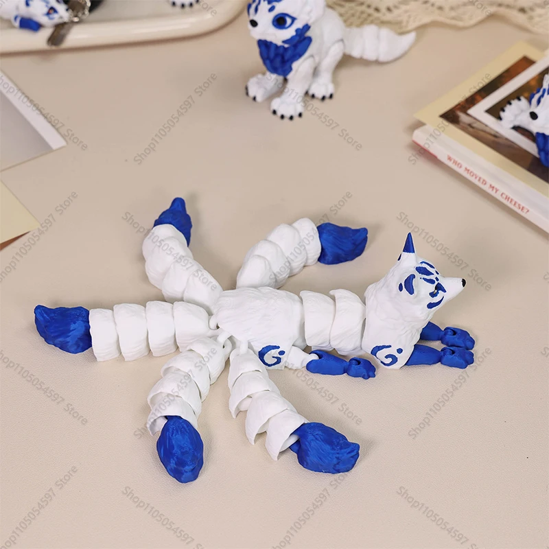 โมเดลสัตว์จิ้งจอกพิมพ์ 3 มิติ ของเล่นจิ้งจอกห้าหางน่ารัก จิ้งจอกเก้าหาง ข้อต่อขยับได้ ของเล่นตกแต่ง ของขวัญ